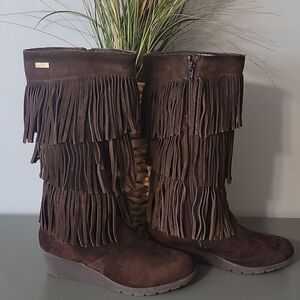 Kenneth Cole Reaction Coastal Cowgirl Brown Fringe Suede Tall Zipper Boots
